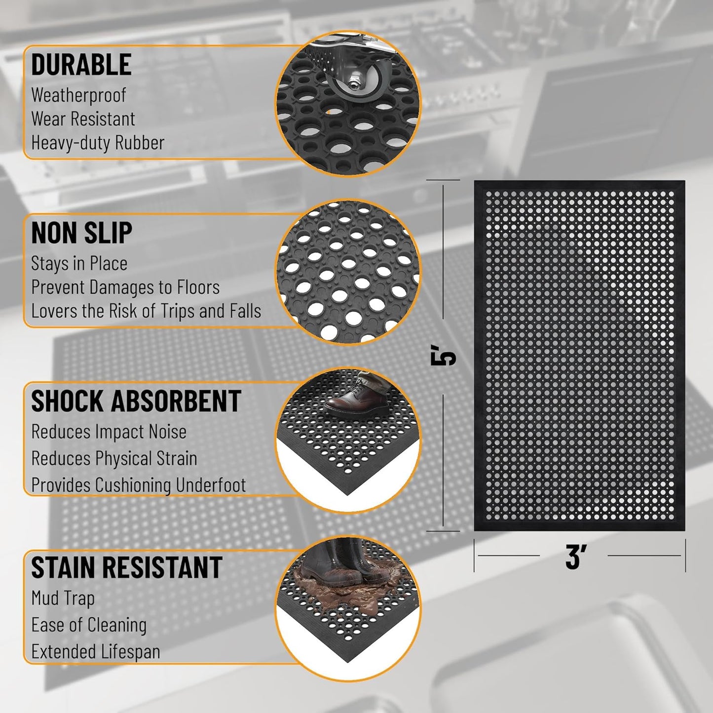 Ottomanson Waterproof Rubber Outdoor Doormat – Heavy-Duty Non-Slip Rubber Floor Mat with Ridge Scraper Pattern, All-Weather Front Door Entry Mat for Mud & Dirt Control – 18" x 30", Black