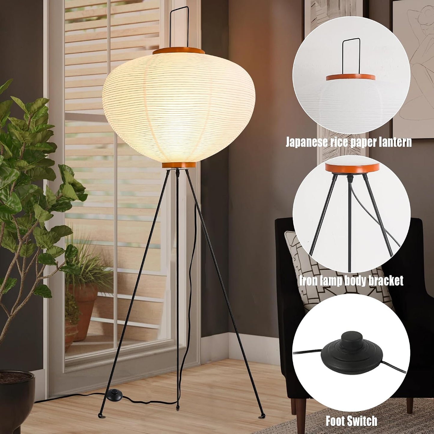 Japanese Rice Paper Floor Lamp，Noguchi Style Paper Floor Lantern Lamps,Akari Japandi Light for Wabi Sabi Decor，47.2“ Handmade Rice Paper Standing Lamps for Living Room,Bedroom, Office