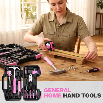 DEKOPRO 39-Piece Pink Household Tool Kit for Women, Basic Hand Tool Set with Plastic Toolbox Storage Case, Small Starter Tool Box Set for Home Repairs, DIY Projects, Crafts and Dorm Essentials