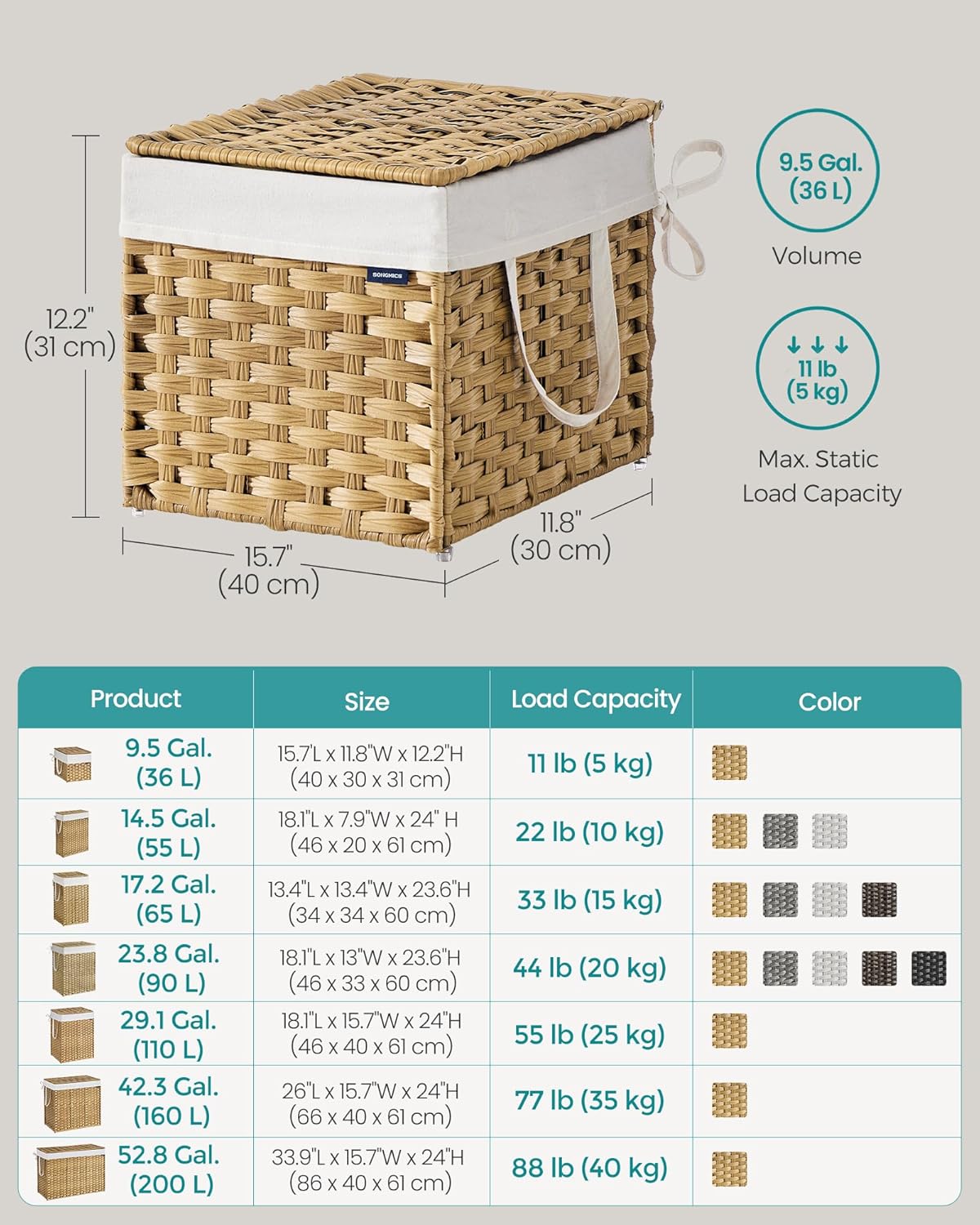 SONGMICS Laundry Hamper with Lid, 23.8 Gallon (90 L) Synthetic Rattan Clothes Laundry Basket with Lid and Handles, Foldable, Removable Liner, Chestnut Brown ULCB051K02