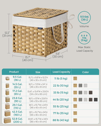 SONGMICS Laundry Hamper with Lid, 23.8 Gallon (90 L) Synthetic Rattan Clothes Laundry Basket with Lid and Handles, Foldable, Removable Liner, Chestnut Brown ULCB051K02