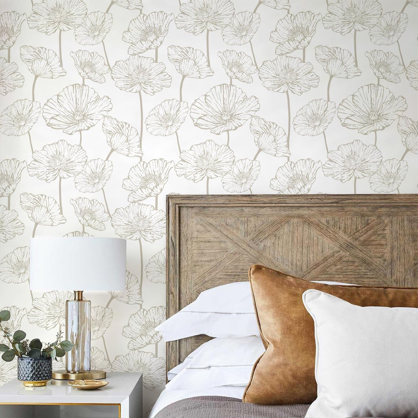Orainege Modern Peel and Stick Wallpaper 17.3inx118.1in Beige and White Floral Wallpaper Boho Contact Paper Removable Decorative Wall Paper for Bedroom Bathroom Cabinets Decor Vinyl