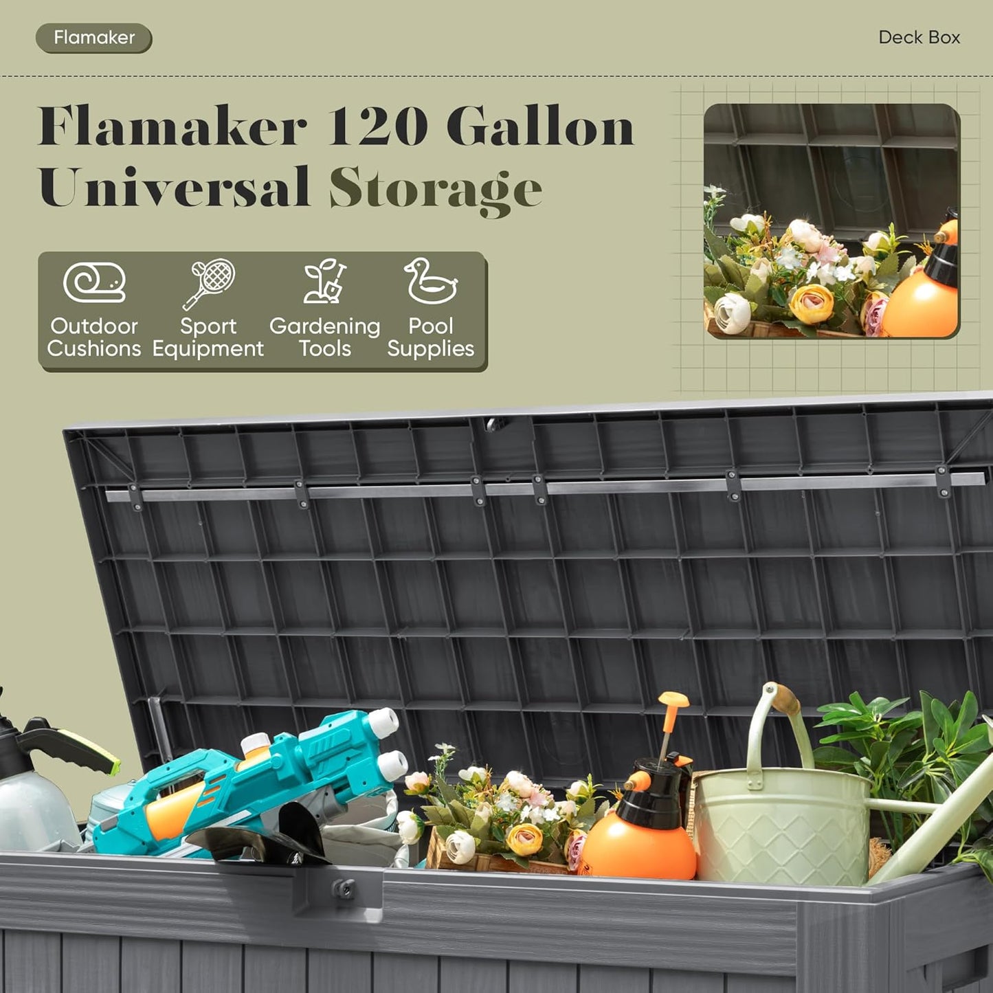 Flamaker Resin Deck Box 120 Gallon Waterproof Large Outdoor Indoor Storage Box Imitation Wood Resin for Patio Furniture Garden Tools and Pool (Black)