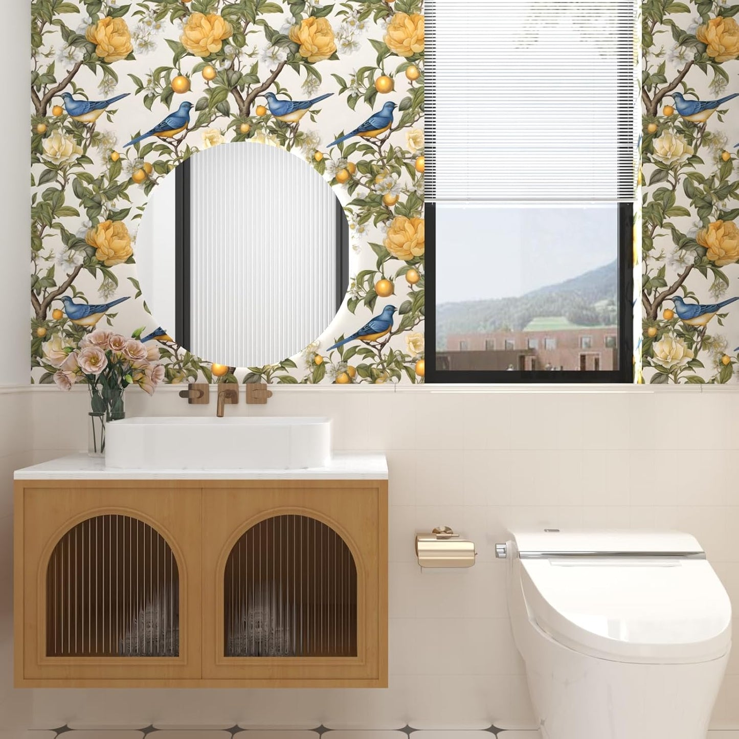 Danodoi Yellow Floral Wallpaper Peel and Stick Vinyl Wallpaper Stick and Peel Colorful Contact Paper for Cabinets Waterproof Self Adhesive Wall Paper for Kitchen Countertop Wall 17.5" x 118"