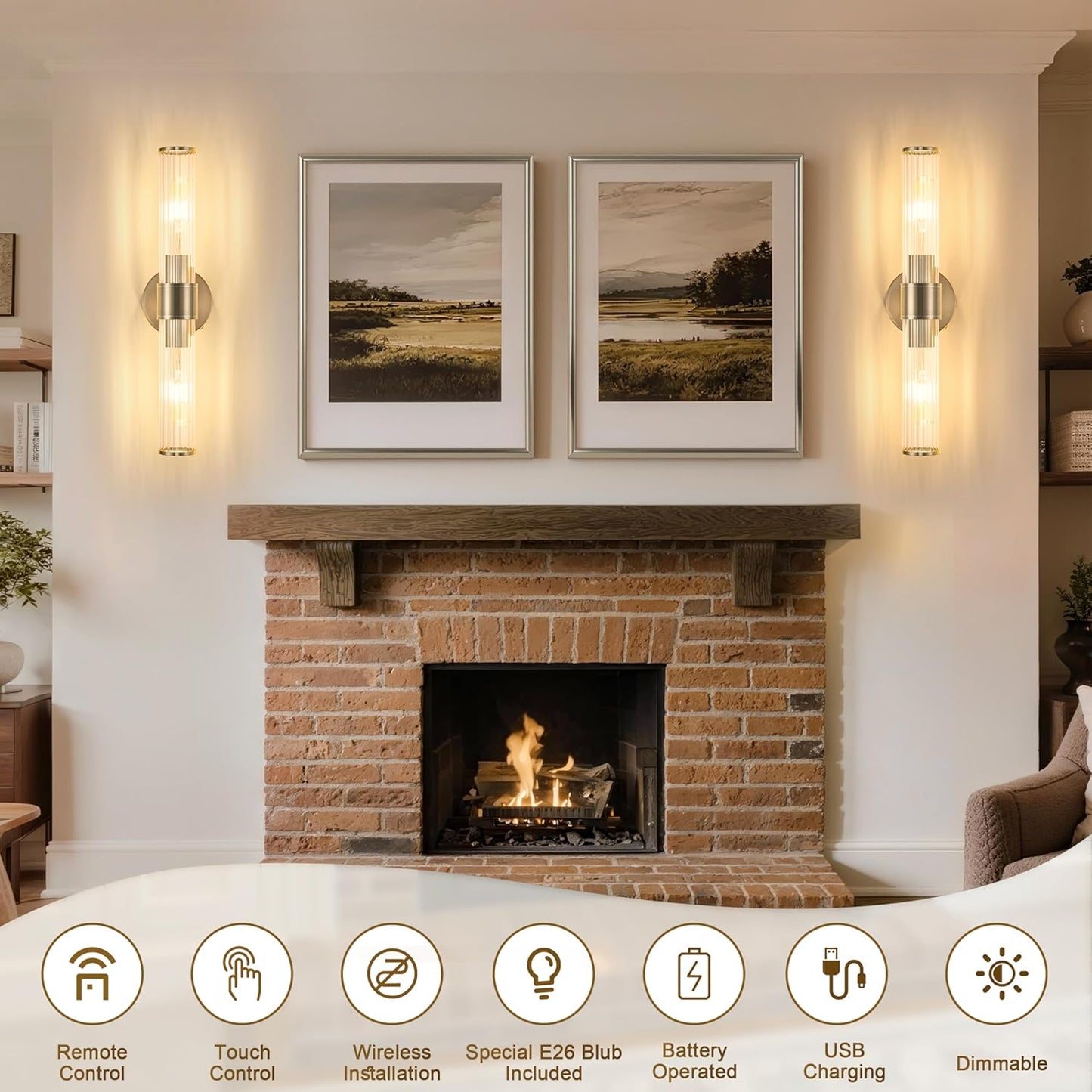 Morauroral Gold Battery Operated Wall Sconces Set of Two, Rechargeable Wall Sconce with Dimmable Remote Control, 20 Inch Wireless Sconce Wall Light for Bedroom, Living Room (Bulbs Included)