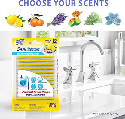 SANI 360° Sani Sticks Drain Cleaner and Deodorizer, 24 Count, Lemon Scent Enzyme Pipe Cleaners, Eliminate Odors, Prevent Clogged Drains, Safe for Sinks, Bathtub Drains, Septic Tanks