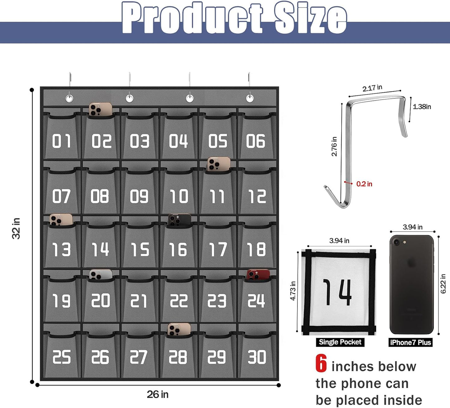 Loghot 36 Numbered Pockets Classroom Pocket Chart for Cell Phone Holder | Wall Door Hanging Pocket Organizer for Phone Calculator Holder, Phone Pouch for School Classroom & Office Phone Management
