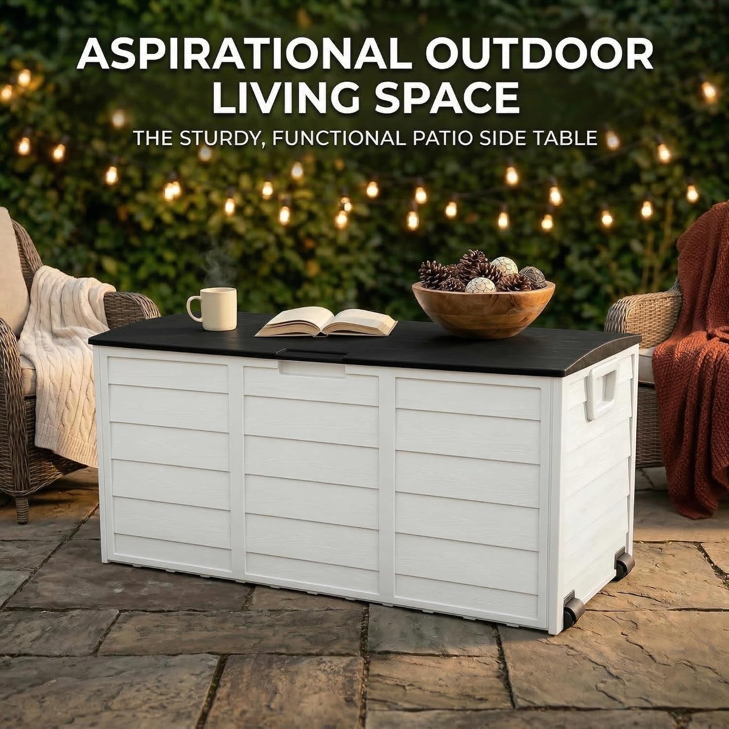 75 Gallon Outdoor Storage Box, 260L Waterproof Resin Deck Box for Patio Furniture Cushions, Garden Tools and Yard Accessories, Lockable Storage Chest with Wheels and Handles (Brown)
