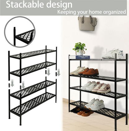 Shoe Rack, 45.6" Expandable Shoes Storage Metal Shoe Shelf Stand 2-Tier Stackable Boot Organizer for Closet, Entryway, Garage, Bedroom, Door Entrance, Black