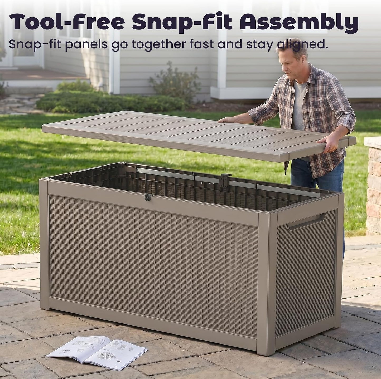 PatioZen 50 Gallon Deck Box Outdoor, Weatherproof Resin Patio Storage Box, Waterproof Outdoor Storage Boxes with Lid Lockable for Cushions, Garden Tools,Grey