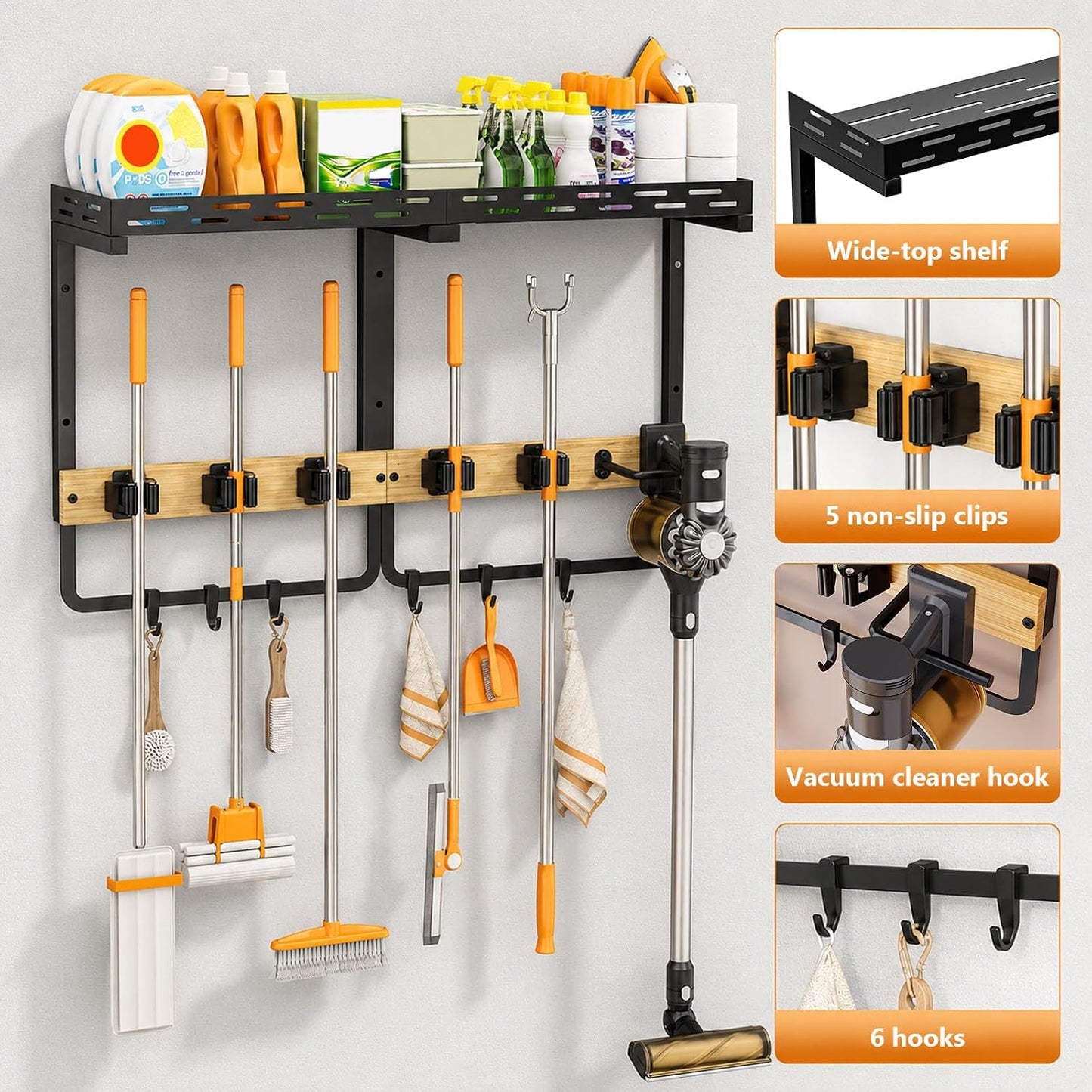 Large Broom Holder Wall Mount with Shelf, Mop Tool Organizer | 5 grippers, 6 hooks, vacuum slot, bamboo board, spray bottle tray, garage utility use