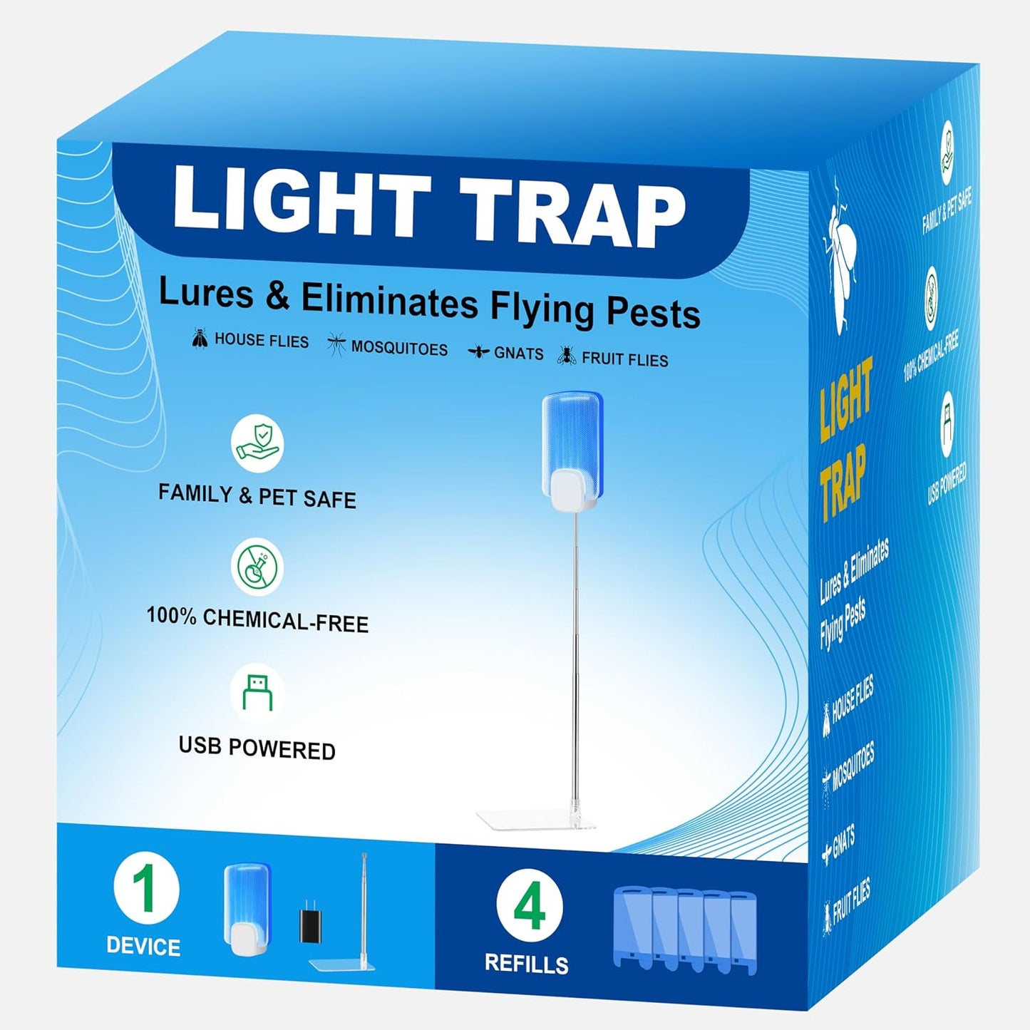 Insect Trap for Indoor Control of Fruit Flies and Gnats, Uses Gentle Purple Light, Pollution-Free and Chemical-Free, Includes 1 Plug-in Device and 4 Sticky Traps, with an Extendable Pole and Base