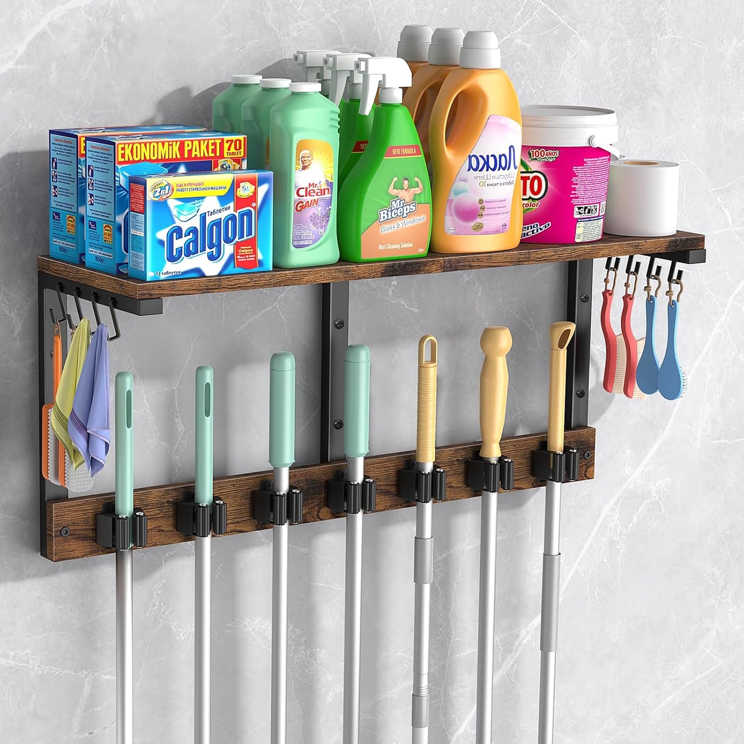 Housolution Broom Holder Wall Mount with Cleaning Supplies Organizer, 100 LBS High Load-Bearing Laundry Room Storage Shelves, Multifunctional Mop Hanger Rack with 7 Grippers & 8 Hooks