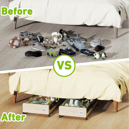 Tututry Under Bed Storage with Wheels, XXL 60L Under the Bed Storage Bins, Underbed Storage Containers with Lids & Label, Rolling Metal Drawer for Shoes, Clothes, Books, Toys (2-Pack Gray)