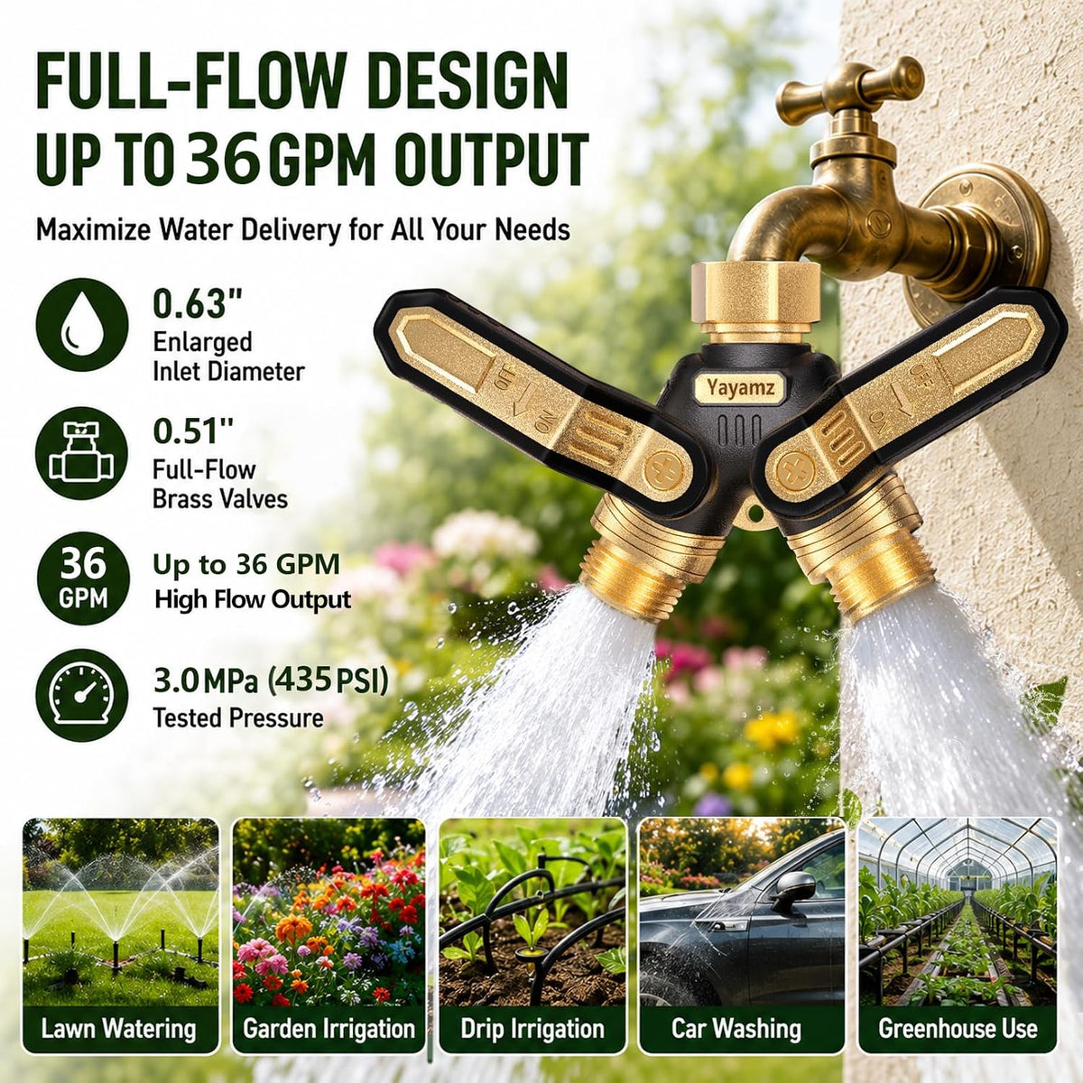 Garden Hose Splitter 2 Way,Heavy Duty All Metal Water Hose Y Splitter | Shut Off Valves,3.6" Easy-Turn Handles,Full Flow Leak-Resistant 3/4" GHT Outdoor Faucet Splitter for Lawn,Garden & Irrigation