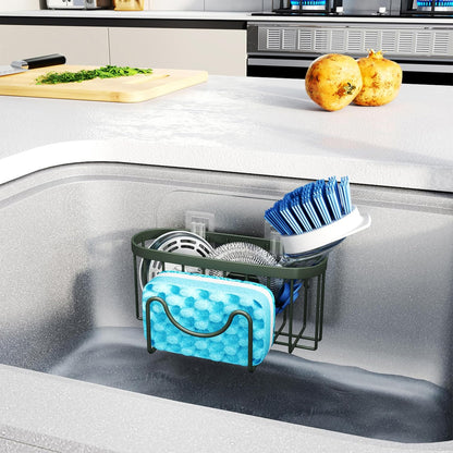 HapiRm Multifunctional Sponge Holder with Unique M-Shaped, 2 Installation Methods Kitchen Sink Caddy Organizer, Rustproof Stainless Steel Kitchen Organizers and Storage Essentials - Black