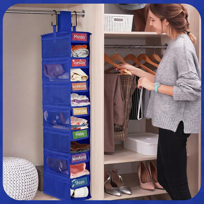 2 Pack 7 Shelf Weekly Clothes Organizer Hanging Closet for Kids with Side Pockets Weekday Shoes Rack Weekly Clothes Organizers Monday Through Weekend Foldable Storage Shelves(Black)
