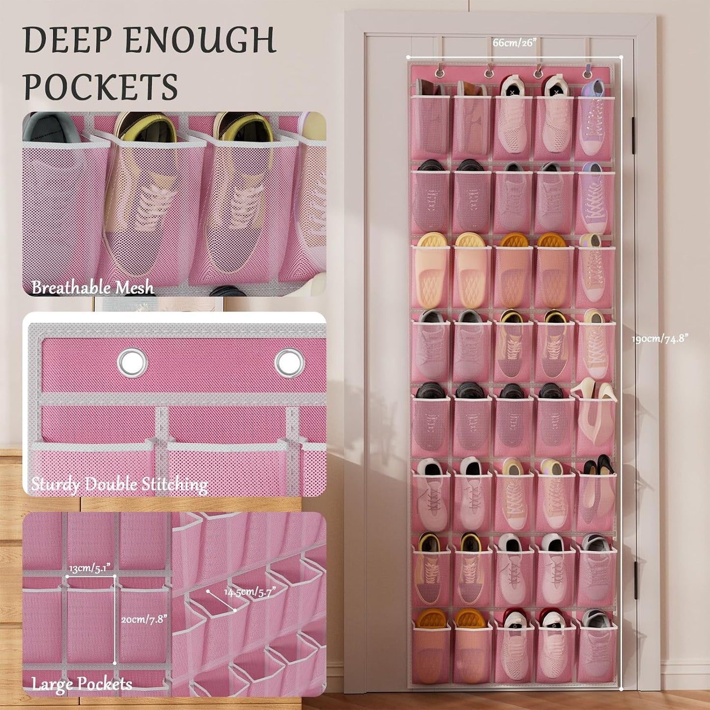 homyfort Over the Door Shoe Organizer, Hanging Shoe Rack Storage Holder with 24 Large Pockets for Closet Door, Men Women Kids Shoes, Cruise (Black)