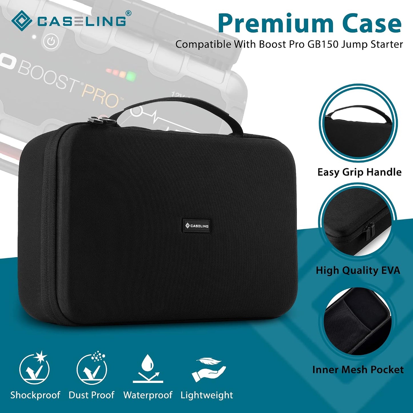 Caseling case 13.5" x 8.3" - Fits GB150 3000A Car Battery Jump Starter | Fits GB150 3000A, shockproof EVA shell, large mesh pocket for cables & charger. Case only, device not included