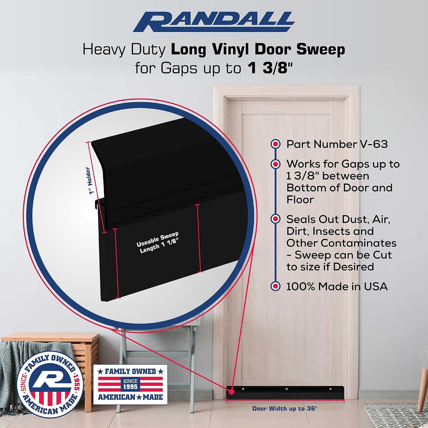 Randall Manufacturing V-63-BR All-Season Door Sweep, Heavy Duty Aluminum, Ideal for Residential & Commercial Use, Easy Installation with Heavy Rubber Seal, Ensure Comfort and Security (3 FT, Brown)