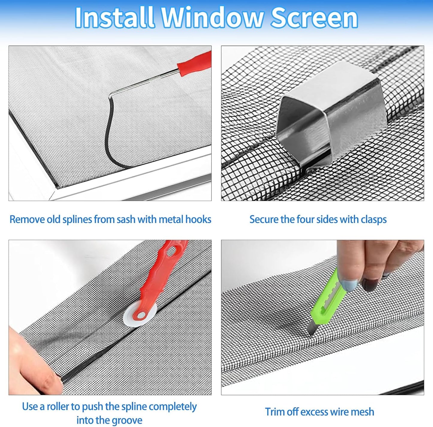 Window Screen Repair Kit 48"x118" - Includes Full Tools Set Replacement Window Screens for House Windows & Screen Doors, Durable Easy to Install for Sliding Screen Door Repair for Patio