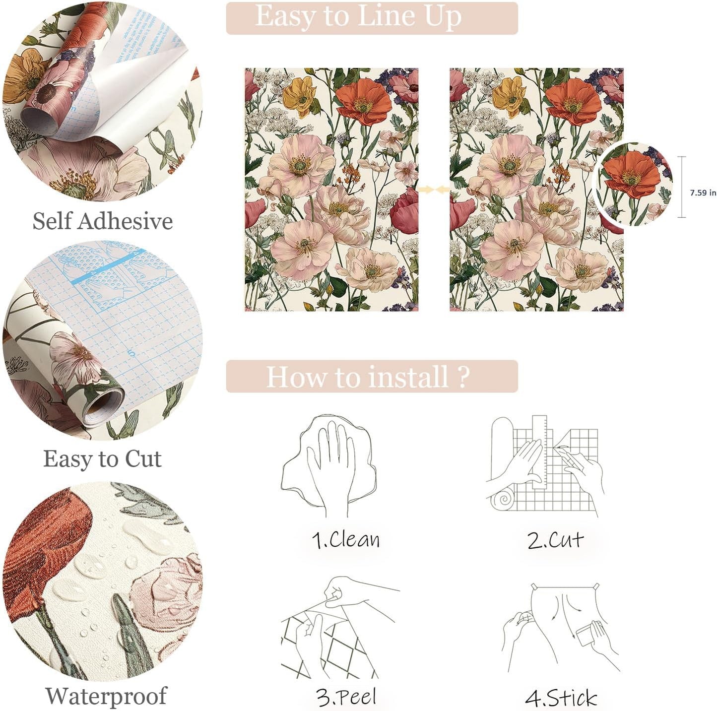 Orainege Pink Floral Peel and Stick Wallpaper Removable Self Adhesive Wallpaper 16.9inx118.1in Modern Wall Paper for Bedroom Bathroom Green Leaf Contact Paper for Cabinets
