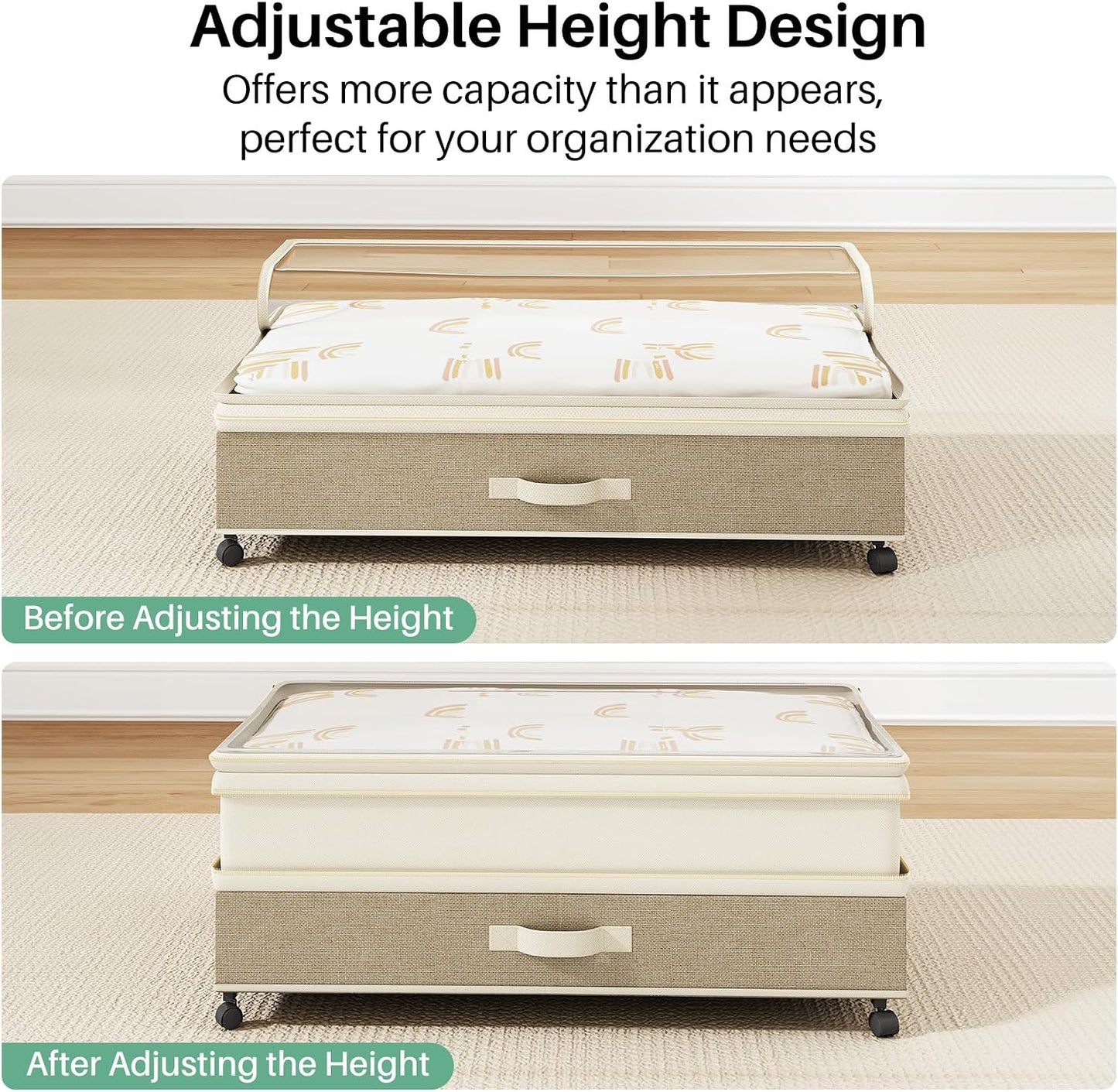 Kitstorack Under Bed Storage with Wheels 2Pack Height-adjustable Under Bed Storage Containers,Under Bed Shoe Storage Organizer with Clear Window&Label, Suitable for Clothes Storage, Gray