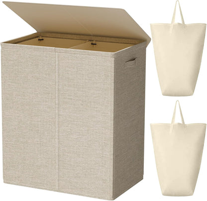 WOWLIVE 180L Laundry Hamper with Lid 3 Section,Large Laundry Basket with Removable Bags and Handles,Collapsible Dirty Clothes Hampers for Laundry,Laundry Basket Organizer for Laundry Room,Dorm,Beige