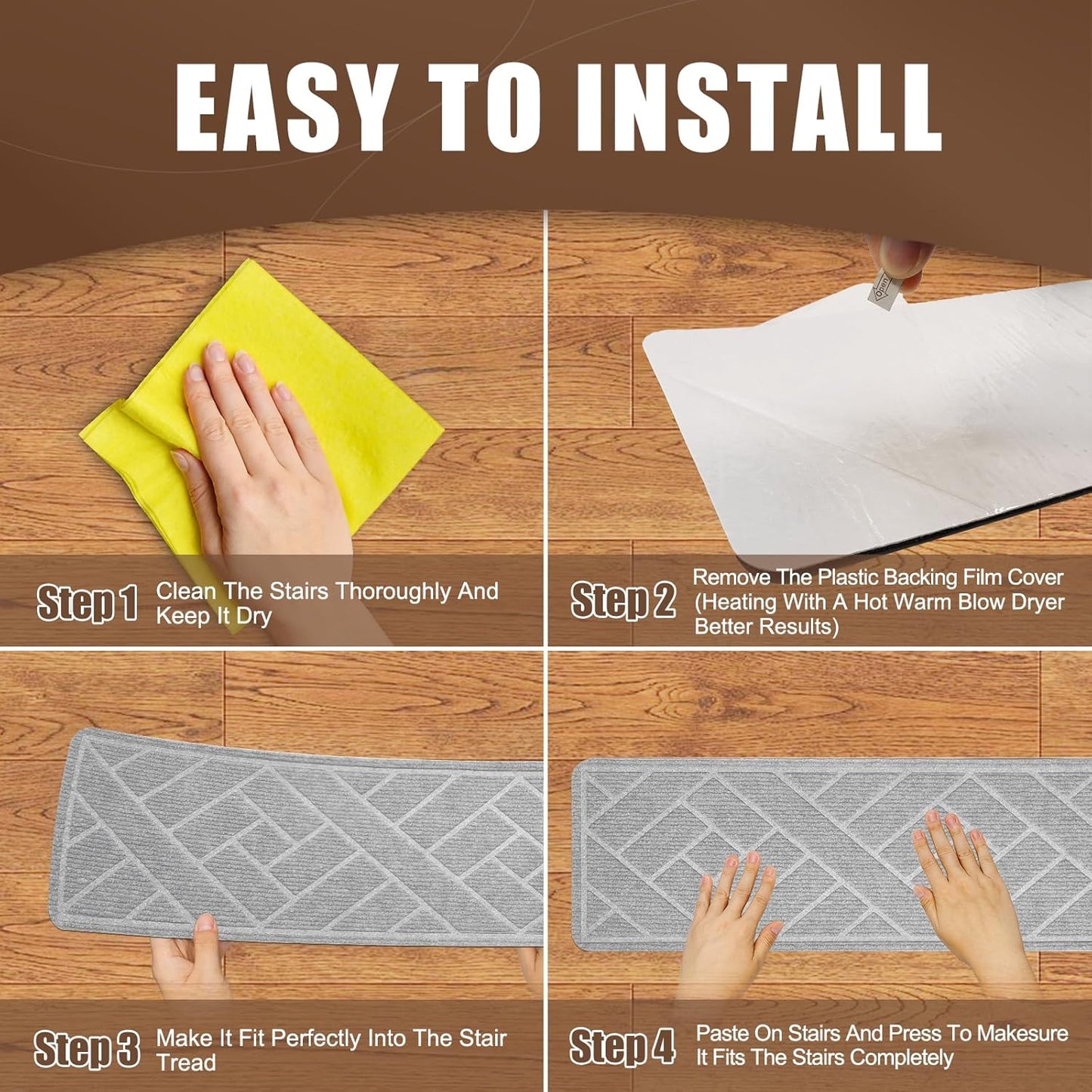 15 Pack 8 "X 30" Non-Slip Carpet Stair Treads for Indoor Wooden Steps, Made of Polyester and Reusable Adhesive, Suitable for Kids Elders and Pets（Black Lines）