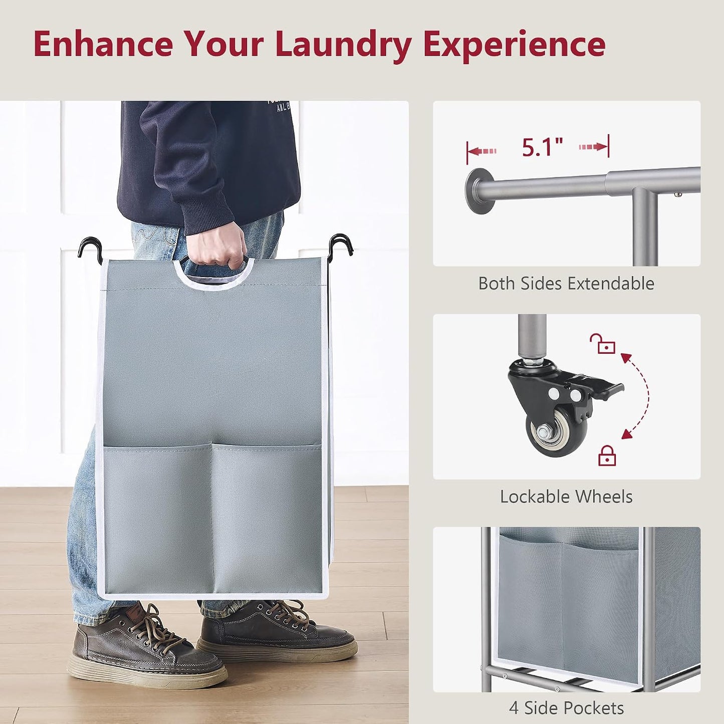 Tajsoon Laundry Hamper with Hanging Rack, 3 Section Laundry Sorter with Heavy Duty Lockable Wheels, Laundry Basket Organizer for Dirty Clothes Storage, 3 Beige