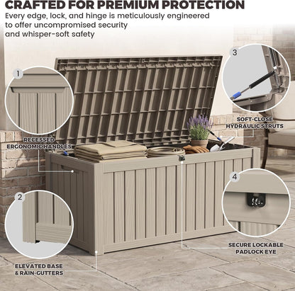 Outdoor Storage Box, 320 Gallon Waterproof Deck Box [Upgraded 3.0], Dual Gas-Spring Ultimate Resin Organizer for King Cushions, Heavy-Duty Lockable Estate Storage Bench, Backyard BBQ, Black