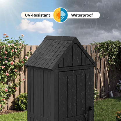 Bifanuo Deck Box Storage Shed Outdoor Storage Cabinet, Vertical Waterproof Resin Material Plastic Shed with Removable Shelves, 12 Hooks and Lock Ring for Garden, Pool and Patio (Classic Black)