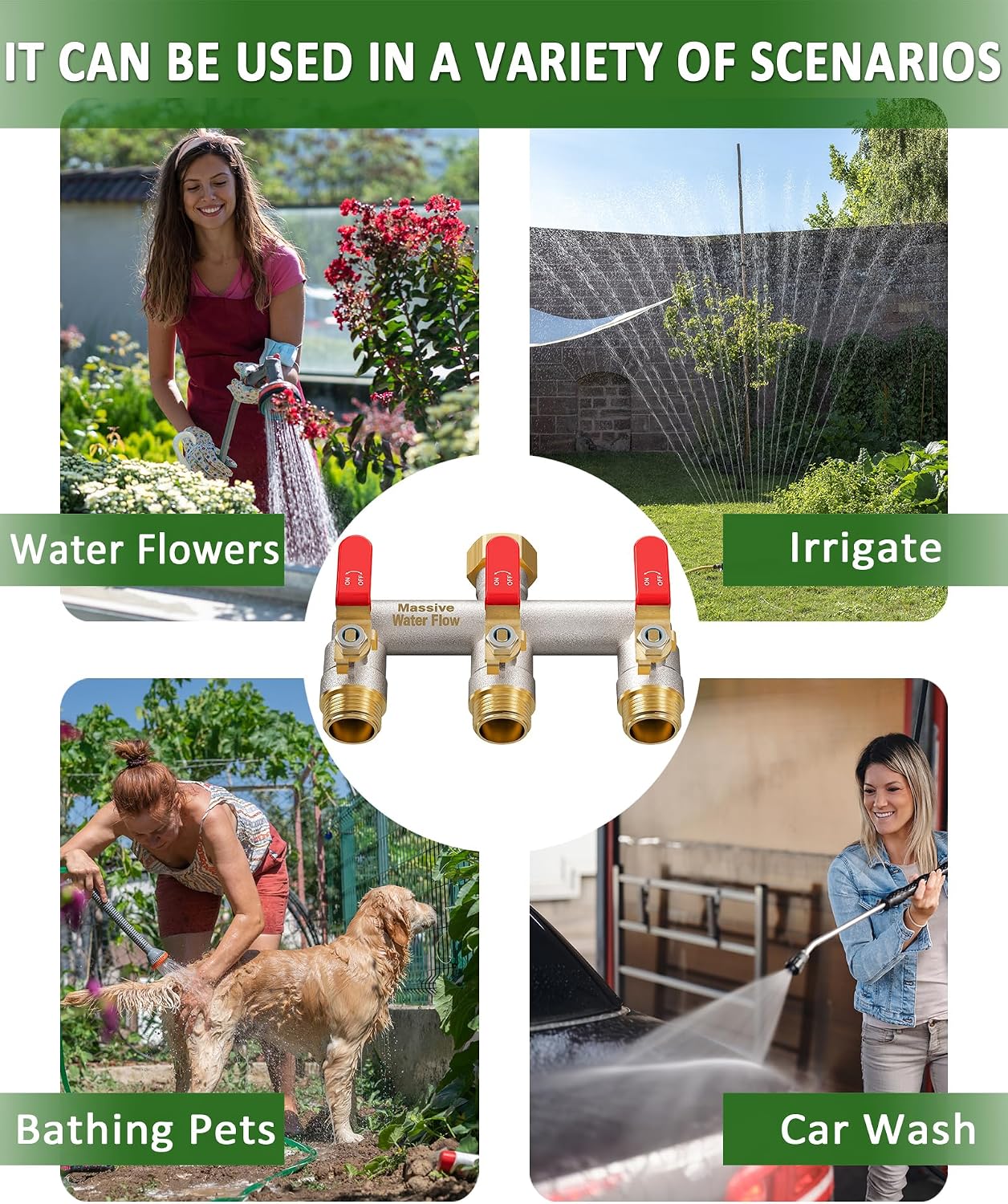 Garden Hose Splitter 3 Way Heavy Duty Brass Nickel Plated Hose Splitter with Large Handle, Full Flow Water Hose Spigot Splitter with Shutoff Valve, T Adapter Connector, 3/4 - Inch GHT Thread（Green）