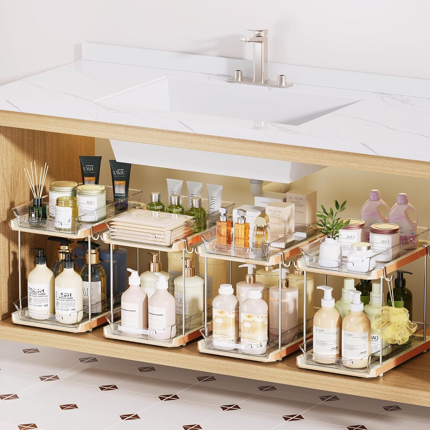 Delamu 2 Tier Under Sink Organizer Bathroom, Bathroom Cabinet Organizer with Snap-Lock Design and Hooks, Pull Out Storage with Movable Dividers, for Countertop, Kitchen and Pantry (Clear, 2 Pack)