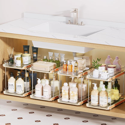 Delamu 2 Tier Under Sink Organizer Bathroom, Bathroom Cabinet Organizer with Snap-Lock Design and Hooks, Pull Out Storage with Movable Dividers, for Countertop, Kitchen and Pantry (Clear, 2 Pack)