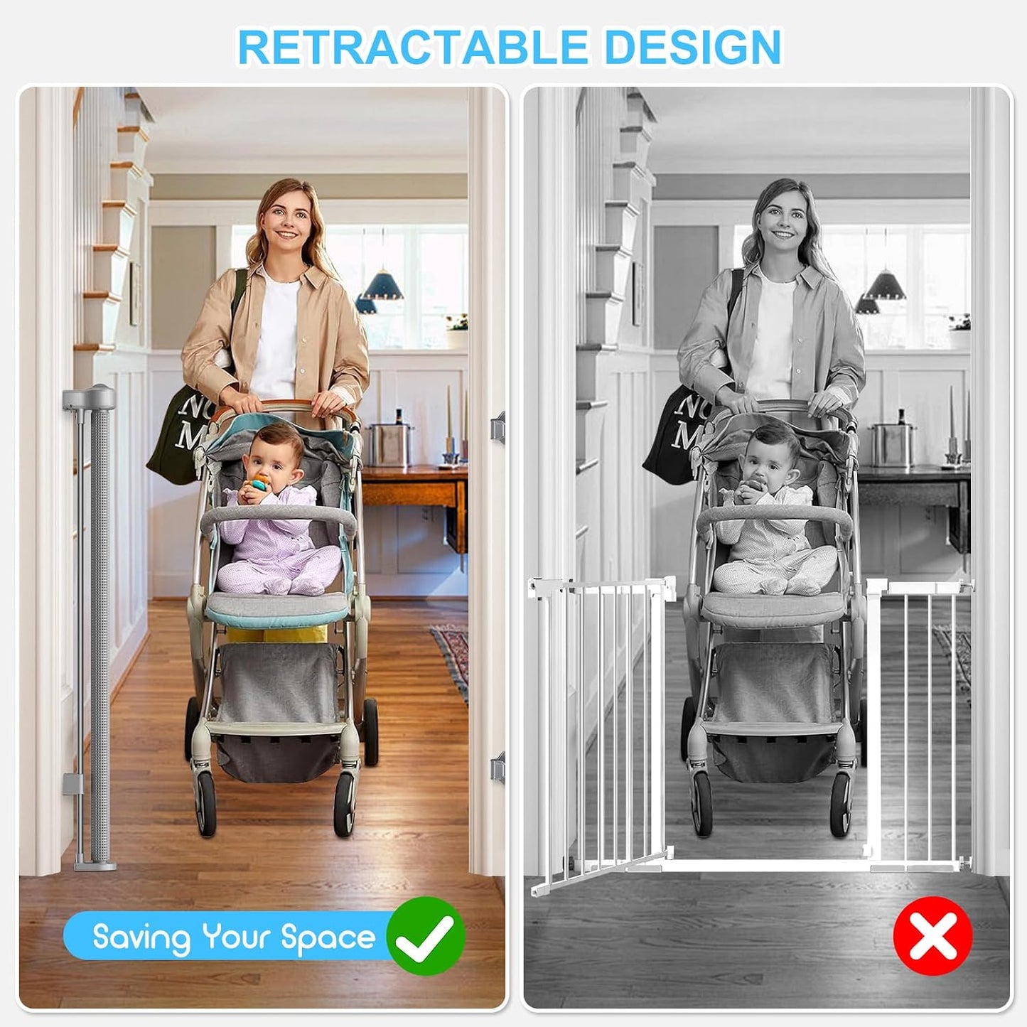 71 inch Retractable Baby Gates, EZIGO Extra Wide Baby Gate for Large Opening Extra Long Mesh Gate for Kids or Pet Dog Gate Child Safety Gate for Stairs Hallways Doorway Indoor Outdoor, Gray