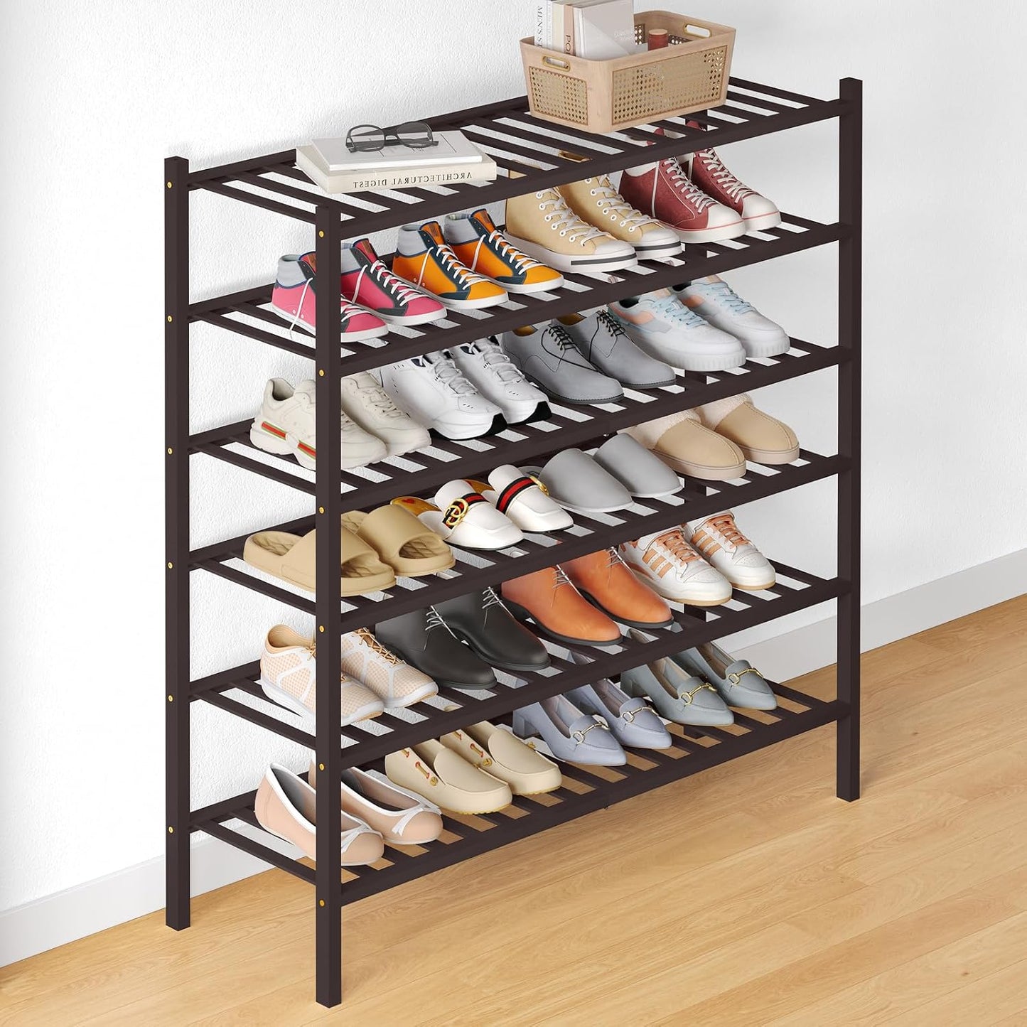 Smiry Bamboo Shoe Rack for Closet, 3 Tier Wooden Shoe Organizer, Stackable Wood Shoe Storage Shelf for Entryway, 14 Vertical Slats, One-piece Heavy-Duty Legs, 26.77"x11.02"x18.31", Natural