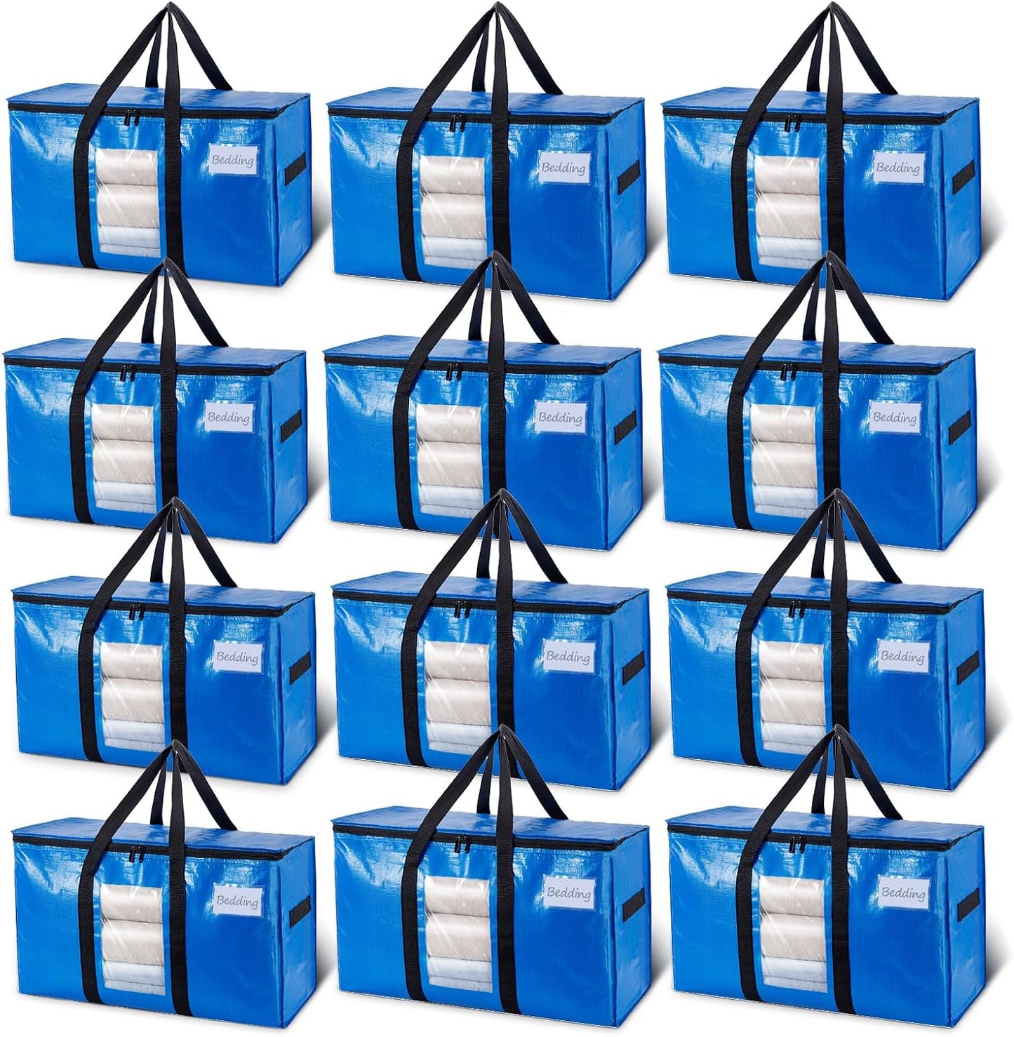 TAILI Extra Large Moving Bags, 4 Pack Blue Heavy Duty Totes For Storage with Visible Window, Wrap Around Handles, Storage Bags for Space Saving, Alternative to Moving Boxes