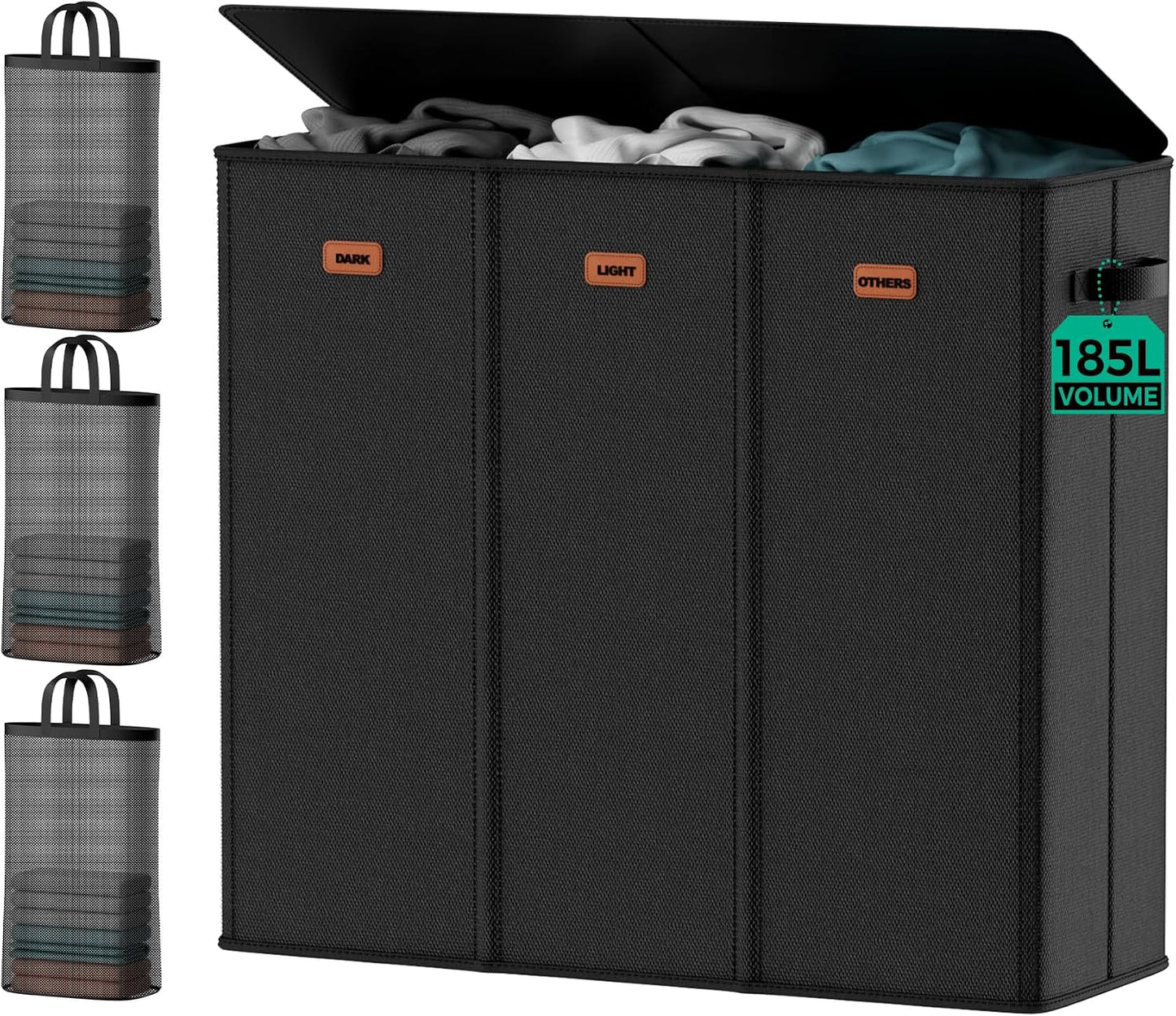 185L Laundry Hamper 3 Section with Lid & Removable Bags | Collapsible laundry basket organizer for laundry room, bedroom & dorm with 3 removable washing bags