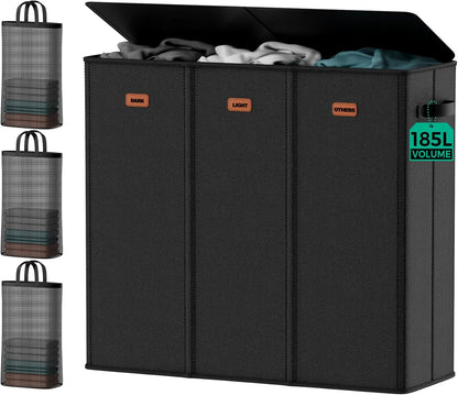 185L Laundry Hamper 3 Section with Lid & Removable Bags | Collapsible laundry basket organizer for laundry room, bedroom & dorm with 3 removable washing bags