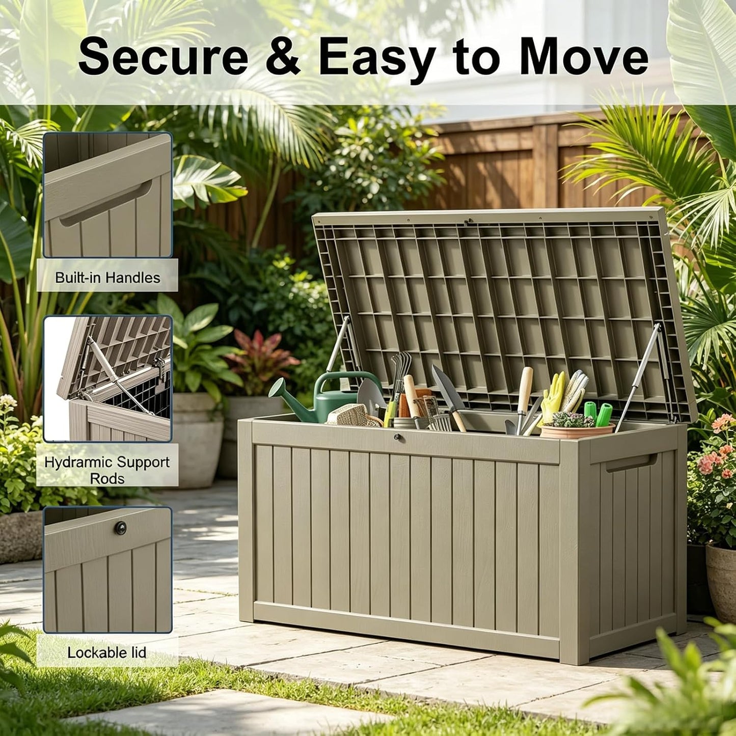 MAKINO 152 Gallon Resin Outdoor Storage Box, Waterproof Deck Box with Lockable Lid, Outside Storage Box for Patio Furniture, Pool Accessories, Garden Tools, Storage Bench for Backyard, Porch, Black