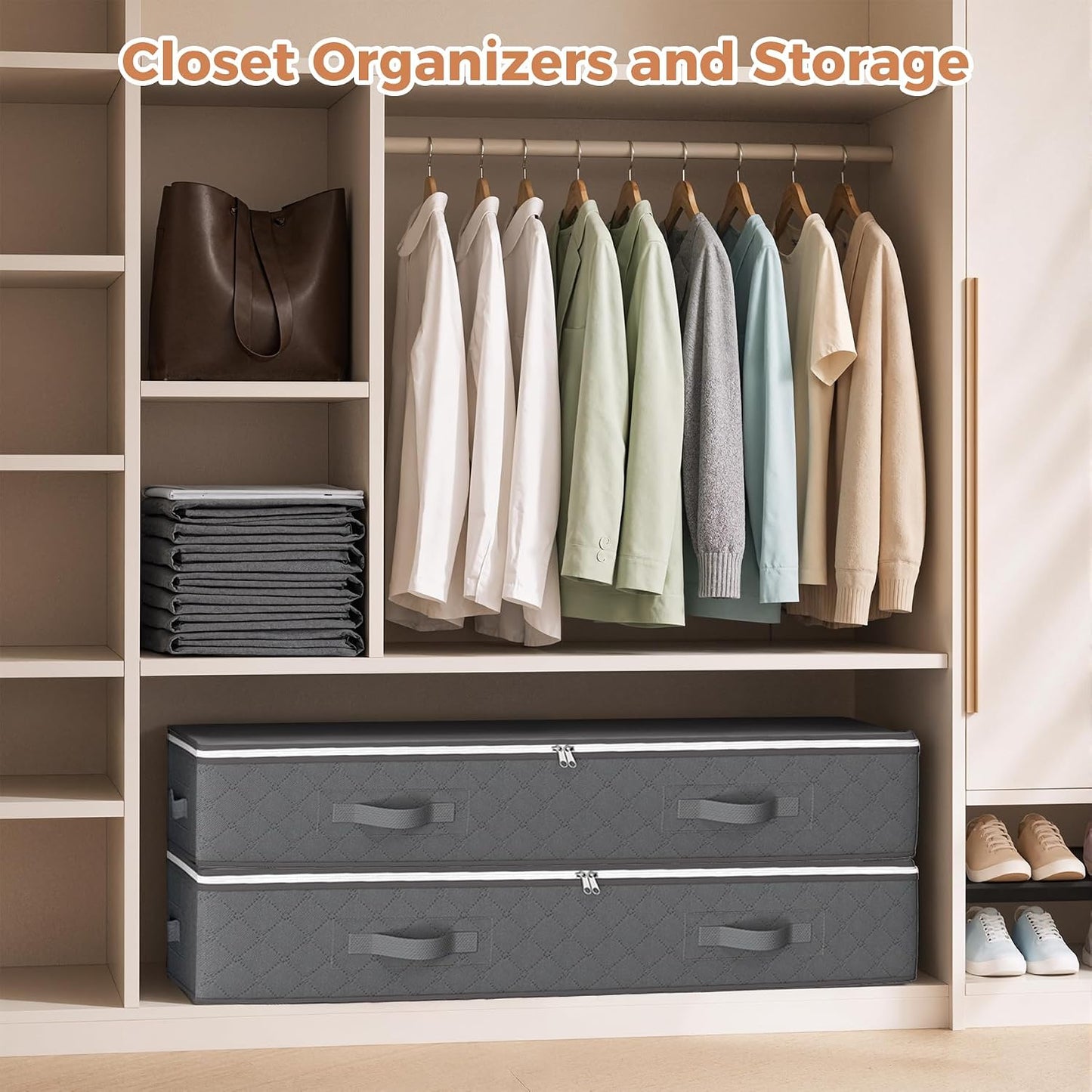 Budding Joy 90L Under Bed Storage Containers, 4 Pack Closet Organizers Grey | Foldable underbed storage bins for linen sheets, blanket, clothing, comforter, sweaters, pillows, wrapping paper