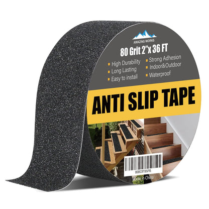 Grip Tape - Heavy Duty Anti Slip Tape 80 Grit Non Slip for Stairs Outdoor/Indoor, Waterproof High Traction Stairs Non Skid Treads, Durable Triple Layer Adhesive - Black (1 Inch x 20 Feet)