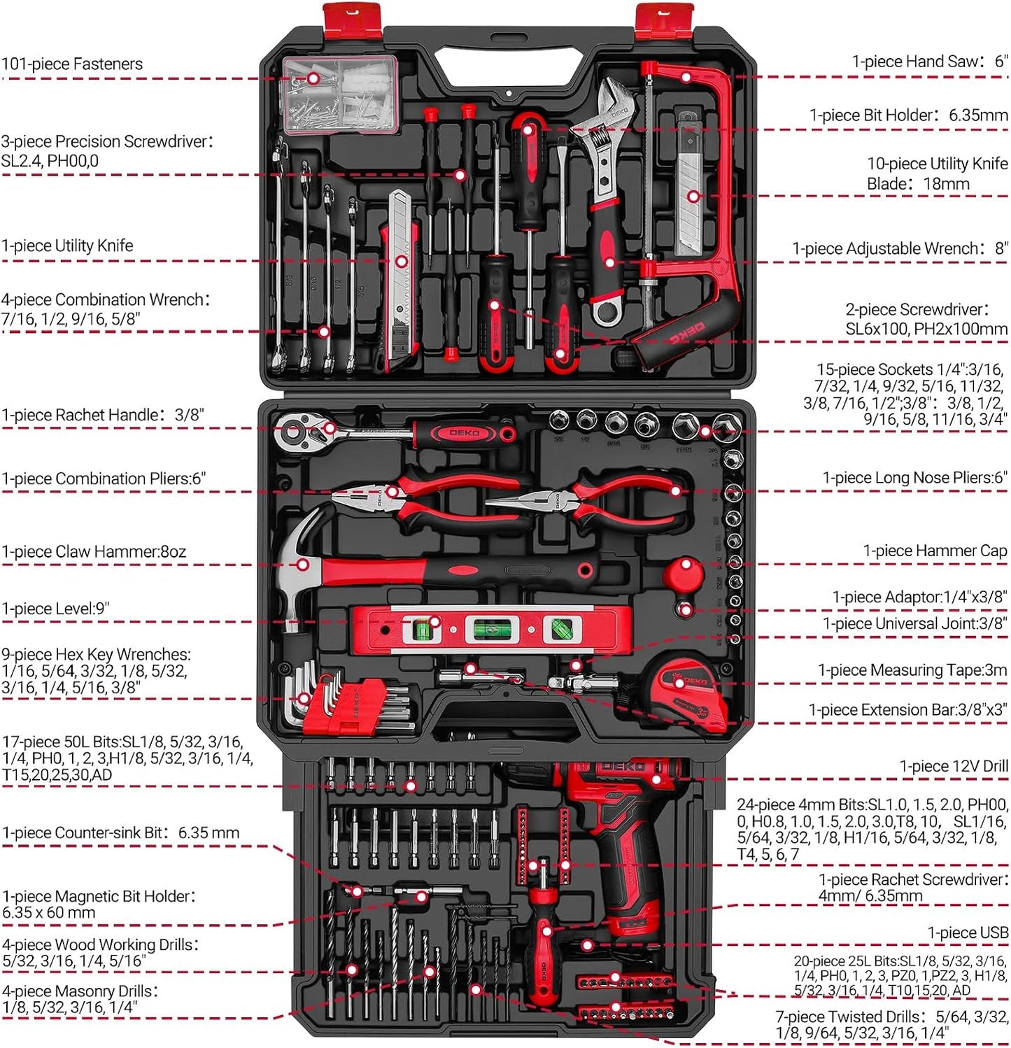 Pink Tool Kit Box Drill Set：DEKOPRO Home Mechanic Toolbox with 12V Power Cordless Drill Hand Repair Tools Sets Combo Kits Storage Organizer Drawer Case for Men & Women