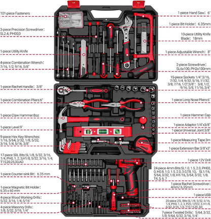 Pink Tool Kit Box Drill Set：DEKOPRO Home Mechanic Toolbox with 12V Power Cordless Drill Hand Repair Tools Sets Combo Kits Storage Organizer Drawer Case for Men & Women