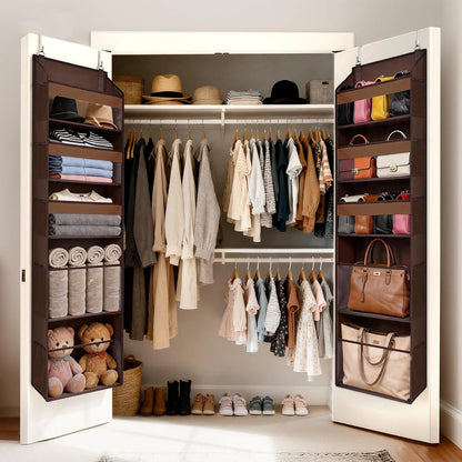 5 Tiers Over the Door Organizer with 10 Mesh Side Pockets, 44 lbs Weight Capacity Closet Hanging Storage Organizer with Large Clear Window Kids Toys, Shoes, Diapers, Beige