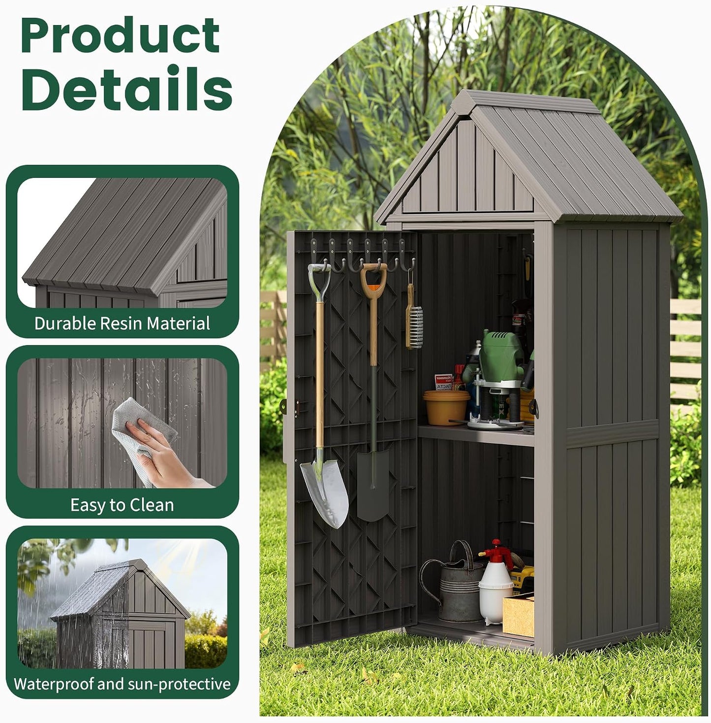 Bifanuo Deck Box Storage Shed Outdoor Storage Cabinet, Vertical Waterproof Resin Material Plastic Shed with Removable Shelves, 12 Hooks and Lock Ring for Garden, Pool and Patio (Classic Black)