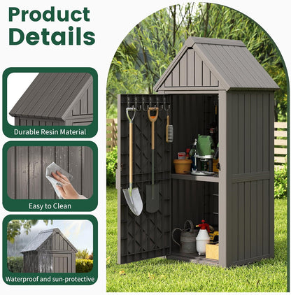 Bifanuo Deck Box Storage Shed Outdoor Storage Cabinet, Vertical Waterproof Resin Material Plastic Shed with Removable Shelves, 12 Hooks and Lock Ring for Garden, Pool and Patio (Classic Black)