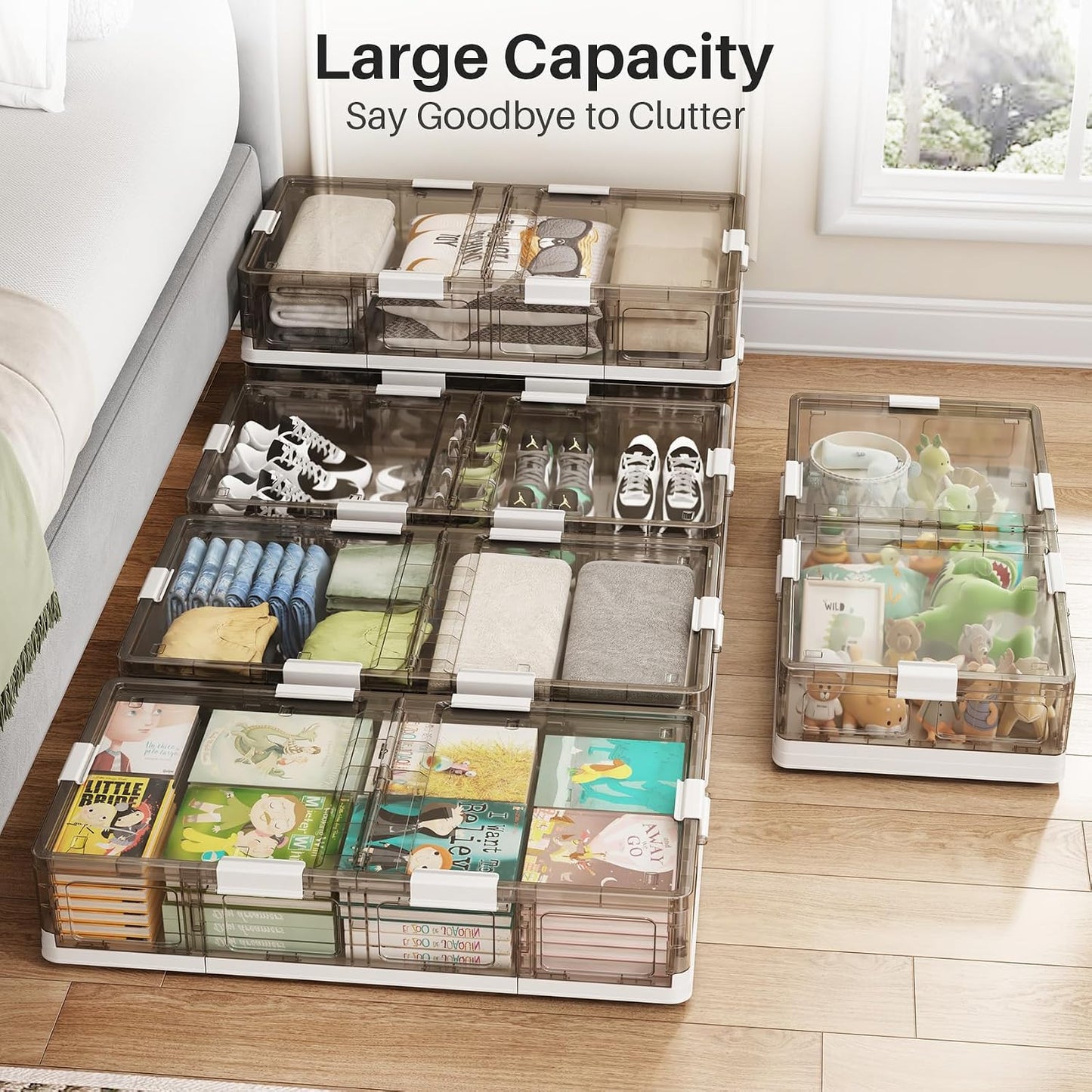 Kitstorack Clear Plastic Under Bed Storage Containers Bins with Lids and 8 Pre-installed Wheels,37.8 Qt, Rolling Foldable Flat Under Bed Organizer Boxes for Clothes Shoes Clothing Bedroom