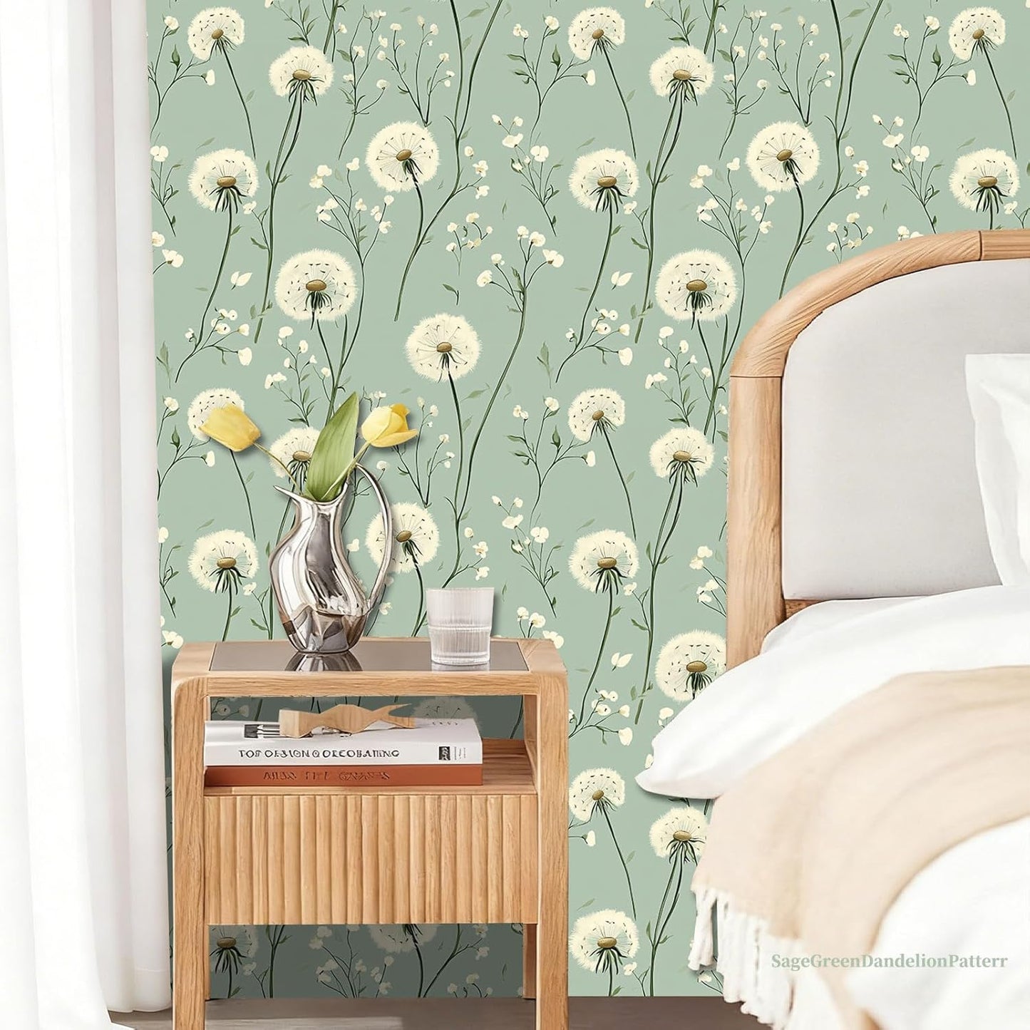 Dandelion Floral Peel and Stick Wallpaper Green Self Adhesive Removable Vinyl Wallpaper Botanical Floral Watercolor Boho Accent Wall for Bedroom Living Room Nursery 17.7" X 118"